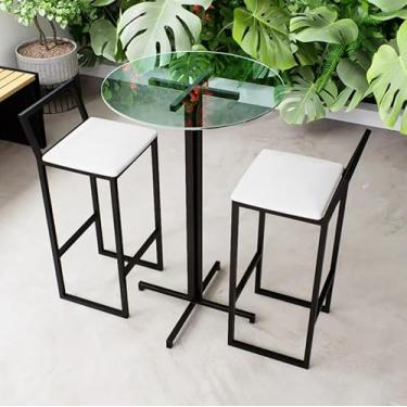 Imagem de Conjunto Mesa Alta Bar Bistrô Redonda Vidro 2 Banquetas Confort Estofado Industrial Black (Branco)
