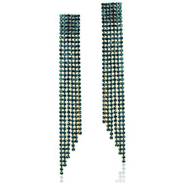 Imagem de Brincos femininos extralongos de strass com franja de cachoeira cintilante CZ cristal declaração de casamento festa de casamento diamante simulado brincos pendentes para damas de honra Azul