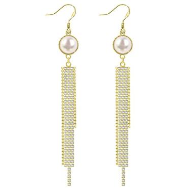 Imagem de KristLand - Brincos femininos longos de borla lustre básico de anzol de peixe, franja, brincos de gota lineares boho joias delicadas para festa, Cristal, Cristais