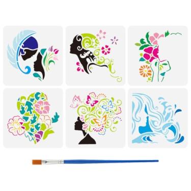 Imagem de FINGERINSPIRE 6 peças de estêncil de pintura abstrata de mulher com pincel de pintura 15 x 15 cm, modelo de desenho de silhueta de rosto feminino, estêncil de beleza para pintura em móveis de tecido