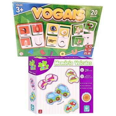 Imagem de Kit Jogo Da Memoria Infantil Madeira Veículos E Vogais Interativo Peda