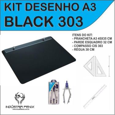 Imagem de Kit Desenho Técnico Engenharia Arquitetura Prancheta A3 PRETA Par Esqu