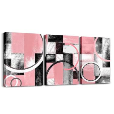 Imagem de Feelyou Arte de parede em tela cinza rosa e preta para sala de estar quarto círculo geométrico decoração de parede rústica geométrica retangular quadrada cortina de banho arte abstrata pintura de