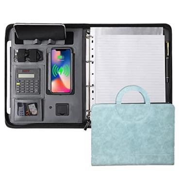 Imagem de Pasta de couro para notebook com zíper A4 com 8000 mAh pasta de negócios organizadora de portfólio de carregamento com calculadora (cor: rabisco de dinossauro branco 4) (azul)