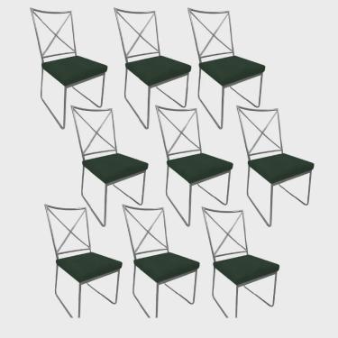 Imagem de Kit 09 Cadeiras Sala de Jantar Escritório Office Clark Industrial Ferro Prata Suede Verde Musgo - Ahz Móveis