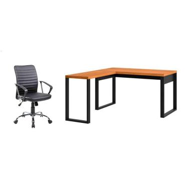 Imagem de Conjunto de Mesa em L Anah Freijó com Cadeira de Escritório Diretor Giratória Oslo Preta