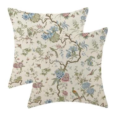 Imagem de Chinoiserie Capas de almofada 45,7 x 45,7 cm, conjunto de 2 capas de almofada, verde, azul, rosa, pássaros florais, decoração ao ar livre, primavera, verão, vintage, flor, decorativa, fronha, capa de