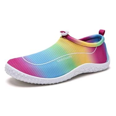 Imagem de WateLves Water Shoes – Meias femininas masculinas multiuso para natação e ioga com fivela ajustável e sola grossa para uso interno e externo, Arco-íris, 35/36 BR
