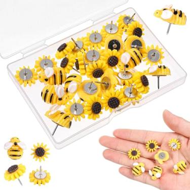 Imagem de 30 alfinetes de apertar de abelha de girassol em forma de abelha enfeite decorativo de resina decorativa de flores de cortiça para placa de polegar para quadro de cortiça escritório decoração de casa