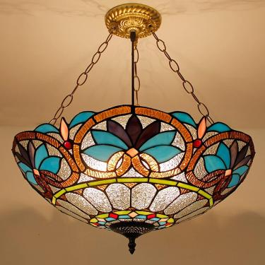 Imagem de Lustre de estilo Tiffany de 20 polegadas, luminária de pingente de vidro feita de vidro feita à mão vintage, luz de teto LED ajustável em altura, decoração da sala de jantar quarto da sala d