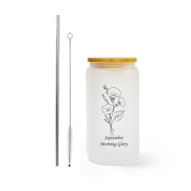 Imagem de AGH Presentes lata de vidro fosco para homens e mulheres, copo de vidro de 473 ml com tampas Banboo e canudo, copo de vidro glória da manhã de setembro para chá de gelo, café, smoothie, uísque, boba,