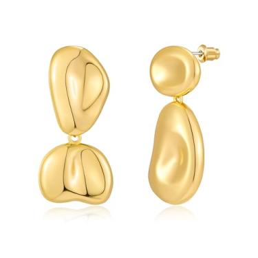 Imagem de FAUTHENTICUTE Brincos pendentes martelados dourados para mulheres, brincos boho assimétricos com gotas irregulares, cobre, sem pedras preciosas, Cobre, Sem pedra preciosa