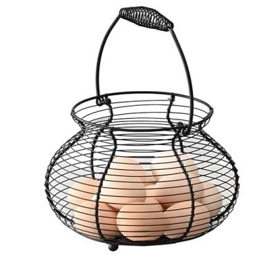 Imagem de Cesta de ovo de metal com alça, organizador de cesta de ovo de ferro preto vintage, cesta de arame de armazenamento de ovos de galinha para cozinha