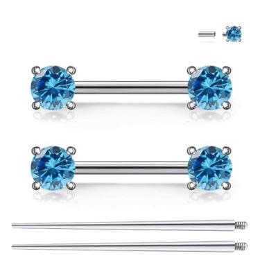 Imagem de Ruifan Piercing de mamilo com rosca interna de titânio anel redondo azul oceano CZ língua anéis de barra reta piercing corporal joias para mulheres homens 14G 14 mm com piercing afunilado reto