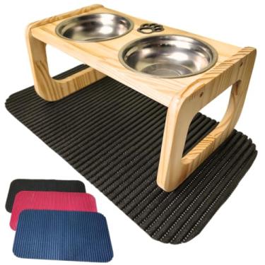 Imagem de Comedouro Elevado para Cães Médios de Madeira Pinus | Acompanha Tapete Emborrachado 53x28cm | Tigelas de Inox | Design Moderno | Tratamento òleo Mineral Atóxico (Preto)