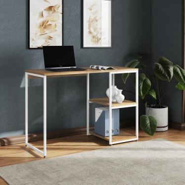 Imagem de Mesa Escritório Berlim Industrial com Prateleira Ferro Branco Tampo 11