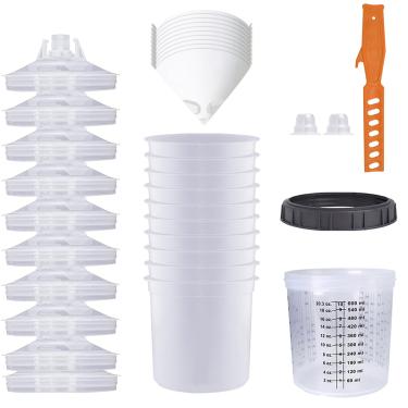 Imagem de Colodsuhey Kit De Pistola Pintura Descartável Com Copo 20 Onças (600 Ml) Sistema 10 Copos E Tampas, 1 Anel Retenção Rígido, 2 Plugues, Agitador, Filtros Para Revestimentos Comerciais Automotivos