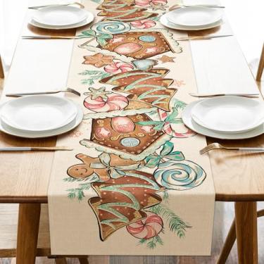Imagem de Croar Caminho De Mesa Casinha Gengibre Natal, Decoração Cozinha E Jantar Com Doces Hortelã-Pimenta Para Árvore Casa Inverno Em Estopa Áreas Internas Externas, Suprimentos Festas, 33 X 91 Cm
