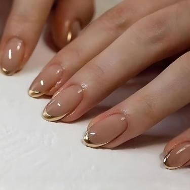 Imagem de RIICFDD Unhas Postiças Amendoadas Médias Com Design De Cor Pura, Cola Francesa Dourada, Cobertura Total, Estilo Simples, Acrílico, Postiço Para Mulheres, 24 Peças