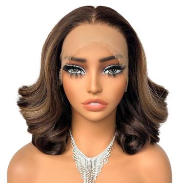 Imagem de SOKU Peruca 13X6 Lace Front Wavy, Perucas Curtas E Elásticas Para Mulheres Negras, 12" Com Mechas Castanhas, Cachos Pré-Depilados, Sem Cola, 6X13 Hd Frontal, Densidade 180%