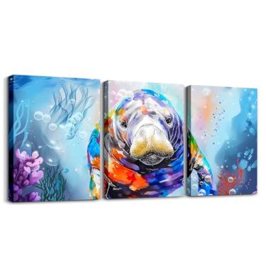 Imagem de jejeloiu Arte de parede em tela peixe-boi para sala de estar quarto, imagem de vida marinha decoração de parede 30,5 x 40,6 cm x 40,6 cm x 3 peças, crianças meninos meninas criaturas marinhas