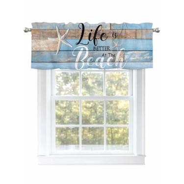 Imagem de Cortinas de cozinha de grão de madeira azul para janelas, sanefas, bolso de varão, a vida é melhor na praia, tratamento de janela, cortinas curtas para cozinha, banheiro, sala de estar, 1 painel, 137