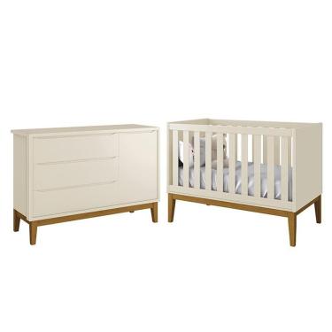 Imagem de Jogo De Quarto Infantil Cômoda 1 Porta E Berço Classic Areia Fosco Com Pés Amadeirado - Reller Móveis Areia Fosco