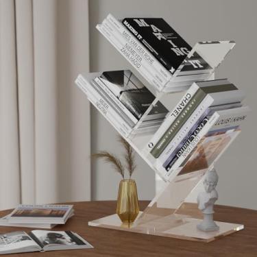 Imagem de YiXinHo Prateleira de livros, estante pequena de acrílico de 3 camadas, estante curta e pequena de acrílico de 3 camadas, mini estante de árvore para livros/CD/filmes/armário de armazenamento de sala