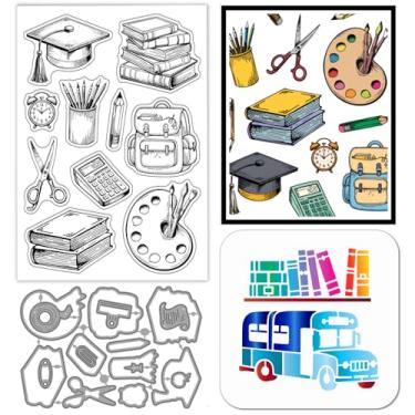 Imagem de GLOBLELAND Material escolar, carimbos transparentes, matrizes de corte, estênceis de pintura de PET para fazer cartões, paleta de livros, paleta de livros, carimbo de silicone, metal, ônibus escolar