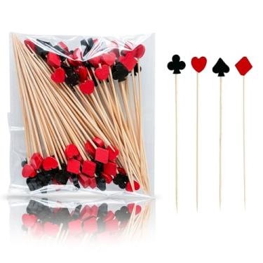 Imagem de Ysqool 100 palhetas de coquetel de cassino, palitos de frutas de madeira em forma de pôquer preto e vermelho para aperitivos, comida, bolo, bebidas, topos de cupcake, espetos de sanduíche, enfeite de