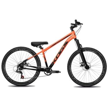 Imagem de Bike Aro 26 KOG Para Grau em Alumínio com Relação 1x7 Marchas Estilo Freeride Rebaixada com Aros Vmaxx Coloridos Pedivela 34D e Suspensão de 80mm de Curso,Laranja Preto