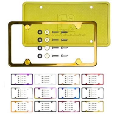 Imagem de Protetor traseiro de silicone quatro furos moldura fina de placa de licença espelho dourado galvanoplastia cromada ajuste universal parafuso de alumínio tampa tampa, aço inoxidável T304, à prova de ferrugem à prova de intempéries (quantidade: 1 moldura)
