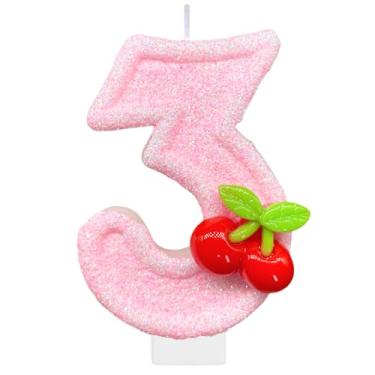 Imagem de Velas de aniversário de cereja, vela número 3 para bolo, decoração de festa de aniversário, enfeite de bolo, enfeite de cupcake para decoração de festa