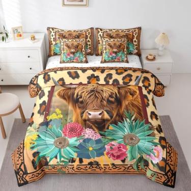 Imagem de Conjunto de edredom King de vaca Highland, 7 peças, cama king size em uma bolsa para quarto, estampa de leopardo, animais de fazenda com edredom, lençóis, fronhas e fronhas