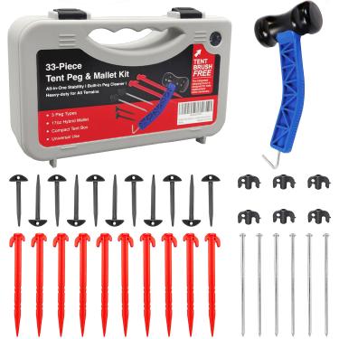 Imagem de HolaKit Kit de estaca de barraca e martelo, conjunto de acessórios de acampamento resistente de 33 peças com martelo de borracha/aço de 500 ml, estacas de plástico e aço, estacas de chapa de chão e