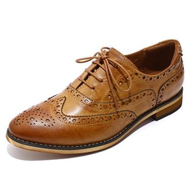 Imagem de Mona flying Sapato feminino de couro perfurado com cadarço Oxfords Brogue Wingtip Derby feminino, Marrom 2, 37 BR
