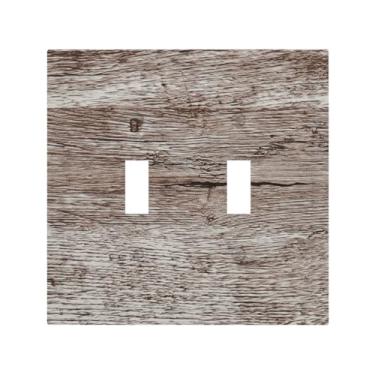 Imagem de Xuejiaku Placa de cobertura de interruptor de luz rústica cinza escuro tábua de madeira textura vintage 2 capas de placa de interruptor duplo alternar placa de parede decorativa capas de tomada