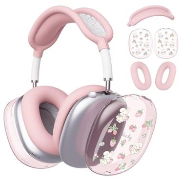Imagem de BlHMCASE Capa de fone de ouvido para AirPods Max, capa de fone de ouvido transparente de morango, capa de silicone rosa para fones de ouvido para Apple AirPods Max