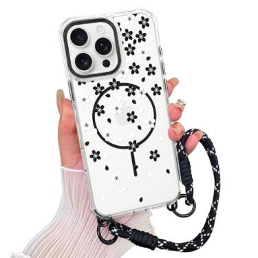 Imagem de AIGOMARA Capa magnética para iPhone 16 Pro Max [compatível com MagSafe] Capa de telefone com estampa floral transparente com cordão de pulso, capa fina à prova de choque para meninas e mulheres, preta