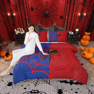 Imagem de Conjunto de edredom infantil de teia de aranha vermelha, tamanho Queen, aracnídeo preto, inseto, animal, decoração de quarto de meninos, meninas, mulheres, homens, edredom gótico de Halloween