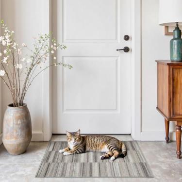 Imagem de jinchan Tapete de entrada moderno 2x3 ultrafino lavável tapete antiderrapante interior abstrato pequeno geométrico listrado leve tapete para quarto, banheiro, cozinha, cinza-acastanhado