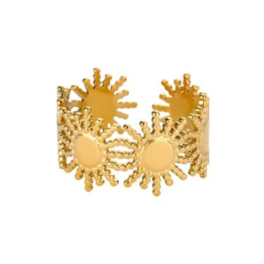 Imagem de BlingNook Anéis de ouro grossos para mulheres e homens, anel moderno de aço inoxidável boêmio com flor de sol empilhável, não mancha, pingente floral boêmio, joia aberta ajustável, presente para