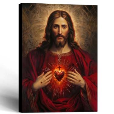 Imagem de Arte de parede em tela de Jesus Sagrado Coração emoldurado, impressão de pôster religioso, pintura católica, envoltório, quadro cristão, decoração de casa, 30,5 x 40,6 cm, pronto para pendurar