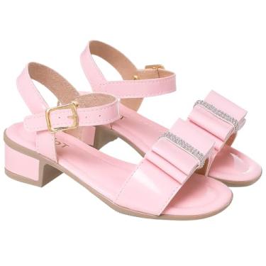 Imagem de Sandália Feminina com Tiras Salto Baixo Confortável Laço Glitter Fivelas Douradas (Rosa, BR, Criança de 9 a 12 anos, Numérico, 31)