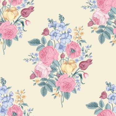 Imagem de VaryFloral Papel de parede elegante floral bege descasque e cole francês rosa azul amarelo folha de papel de parede para quarto de meninas papel de contato floral colorido autoadesivo para armários