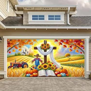 Imagem de BlissYard Faixa de porta de garagem de outono capa de porta de garagem de ação de graças faixa cristã colheita com abóbora espantalho girassóis cruz e bíblia religiosa outono decoração de garagem