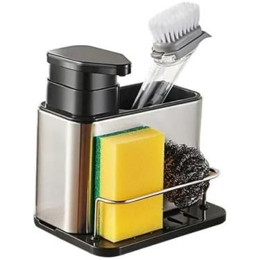 Imagem de Porta Detergente Aço Inox com Dispenser para Sabão Líquido e Suporte para Esponja Escorredor Talheres Organizador de Pia de Cozinha Premium Lindo e Prático