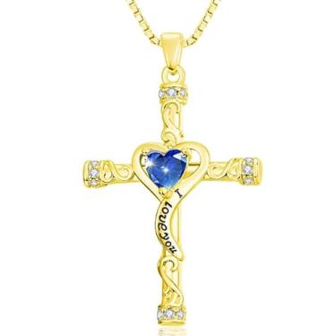 Imagem de VANAODUC Colar feminino com cruz de pedra do mês de nascimento, ouro 14K, ouro branco 18K, ouro rosa, pingente feminino I Love You, presente de aniversário e Natal para sua mãe, esposa, namorada