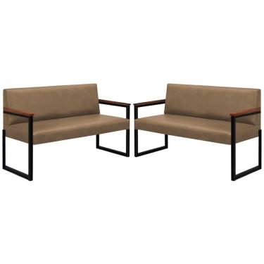 Imagem de Conjunto 2 Sofás De 2 Lugares Niterói Couro Bege Em Metal Preto