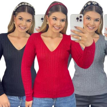 Imagem de Kit 3 Blusas Industrie Femininas Suéter Malha Tricô Manga Longa-Feminino